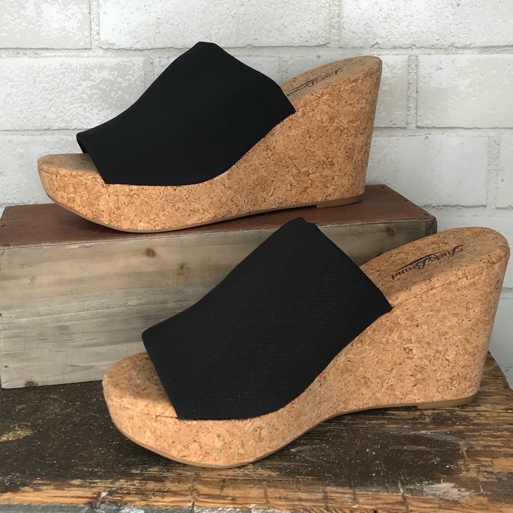 Lucky Brand Black Canvas Cork Wedge Slides